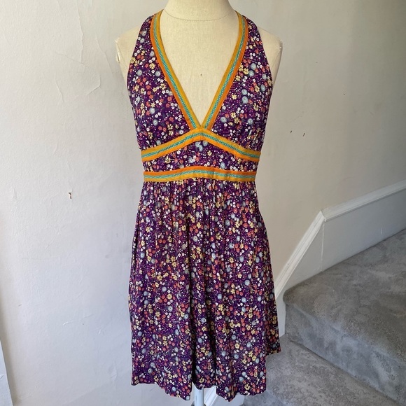 Vintage Dresses & Skirts - Vintage 1960s/1970s New Morning Designs Purple Floral Cotton Halter Dress 11/12
